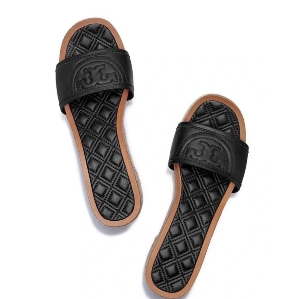 Tory Burch Women's Ines Black Leather Espadrille Platform Slide Sandals 7.5M